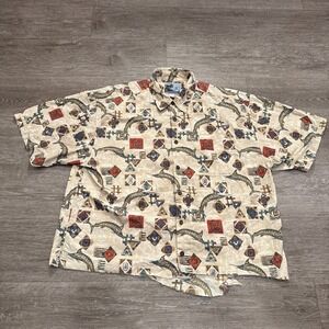 AFTCO Shirt Adult 2XL BLUE WATER Short Sleeve Cotton Button Up Costal Sword Fish